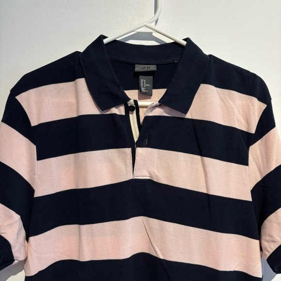 H&M Men’s Polo Shirt Medium – Pink & Navy Blue Striped Short Sleeve Rugby Style - Picture 5 of 8